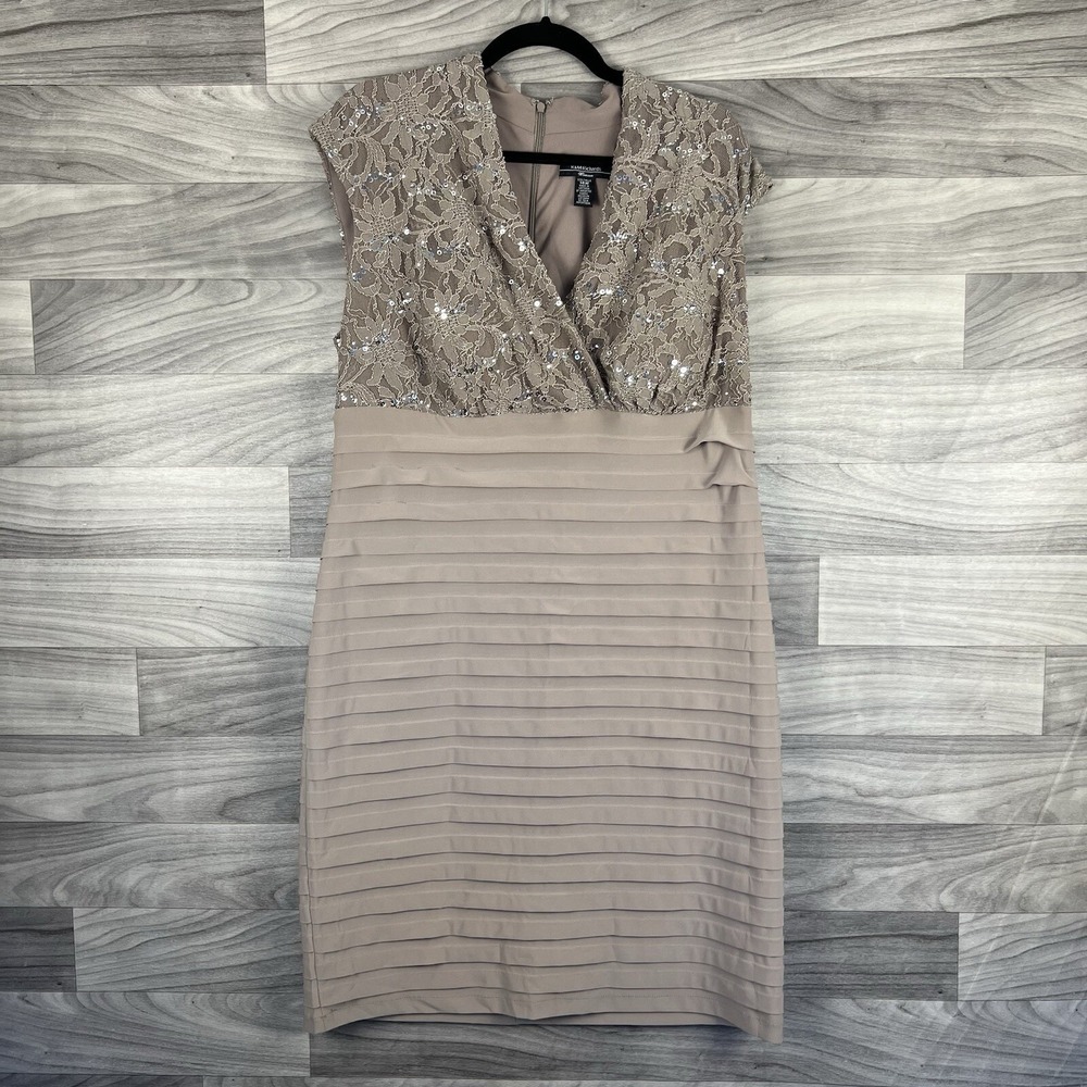 R&M Richards Dress Women 14 Beige Sequined Lace Champagne Party Cocktail Wedding